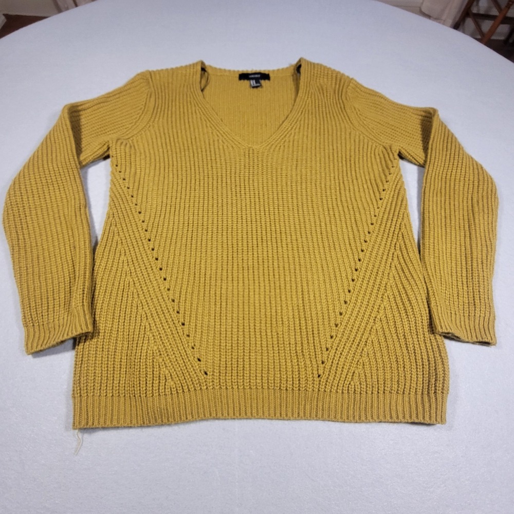 Forever 21 Sweater Mustard Yellow Ribbed Knit V-Neck Women's M Cozy Fall Fashion